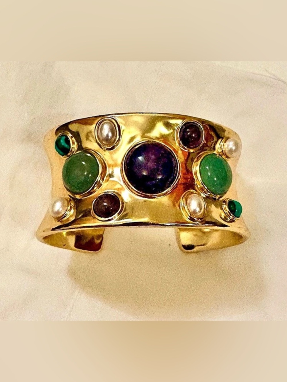J.CREW Statement Gold Cuff Bracelet with Multi-Colored Cabochon Stones and Pearl